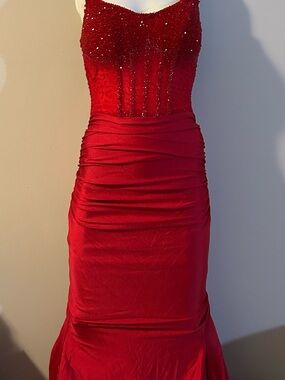 Jessica Angel Strapless Red Beaded Evening Gown